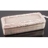 A George IV silver snuff-box, having engine turned and chased hinge cover, gilt washed interior, 2.
