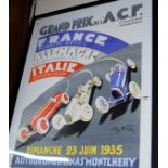 A reproduction poster print in the art deco style for the French Grand Prix in 1935,
