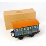 Hornby 1924-8 Seccotine van blue body on black open axleguard base with orange roof,