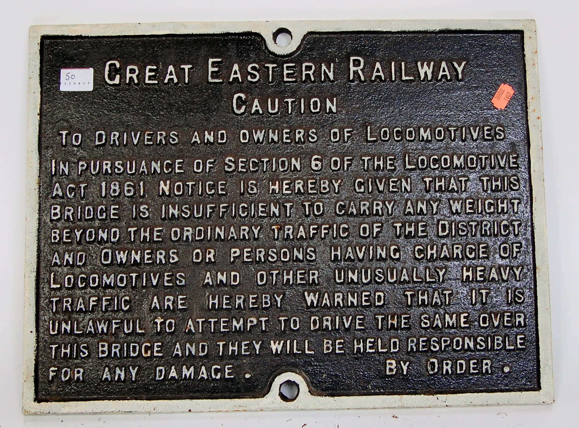 Great Eastern Railway Cast Iron Bridge Weight Notice Sign,
