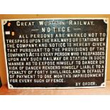 Large Cast Iron Great Western Railway Trespass By Order Notice Sign