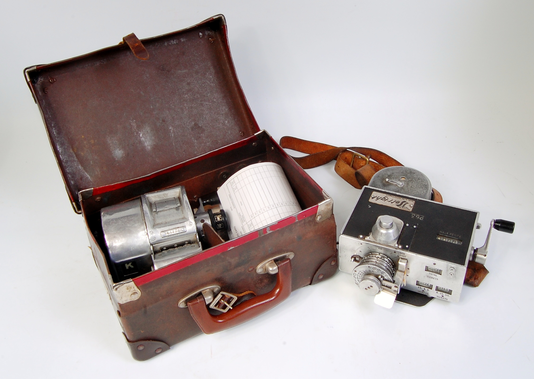 A plastic tray containing a London Transport Gibson ticket issuing machine in original carry case