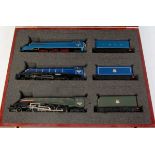 A Bachmann presentation set of 3 class A4 engines and tenders, LNER blue, BR blue,