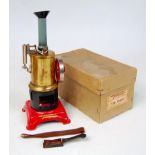 Fleischmann, vertical steam engine, tin plate, oscillating engine with brass boiler, chimney,