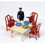 Taylor and Sons, Chimpanzee Tea Party comprising table, keeper, 3x Chairs, 3 seated chimpanzees,