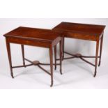 A pair of Sheraton Revival rosewood, satinwood banded, and marquetry inlaid centre tables,