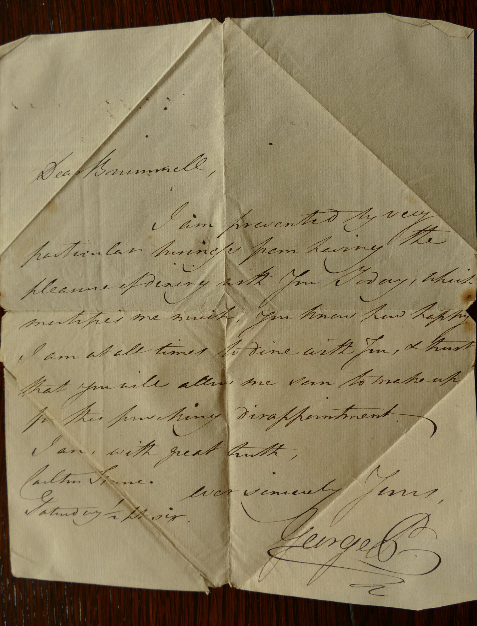 GEORGE, Prince Regent, letter signed, undated, to Beau Brummell,