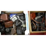 Two boxes of assorted cameras and accessories to include; Kodak Retinette 1B, Minolta,