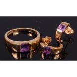 A modern 9ct gold and square cut amethyst set dress ring, size O,