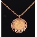 A Victorian gold full sovereign 1885 in 9ct gold pendant mount, gross weight 12.