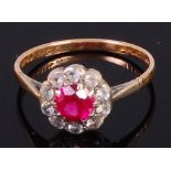 A 9ct gold, pink and white sapphire set flower head cluster ring, 1.