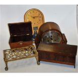 A Regency rosewood tea caddy of sarcophagus form, together with a 1930s oak cased mantel clock,