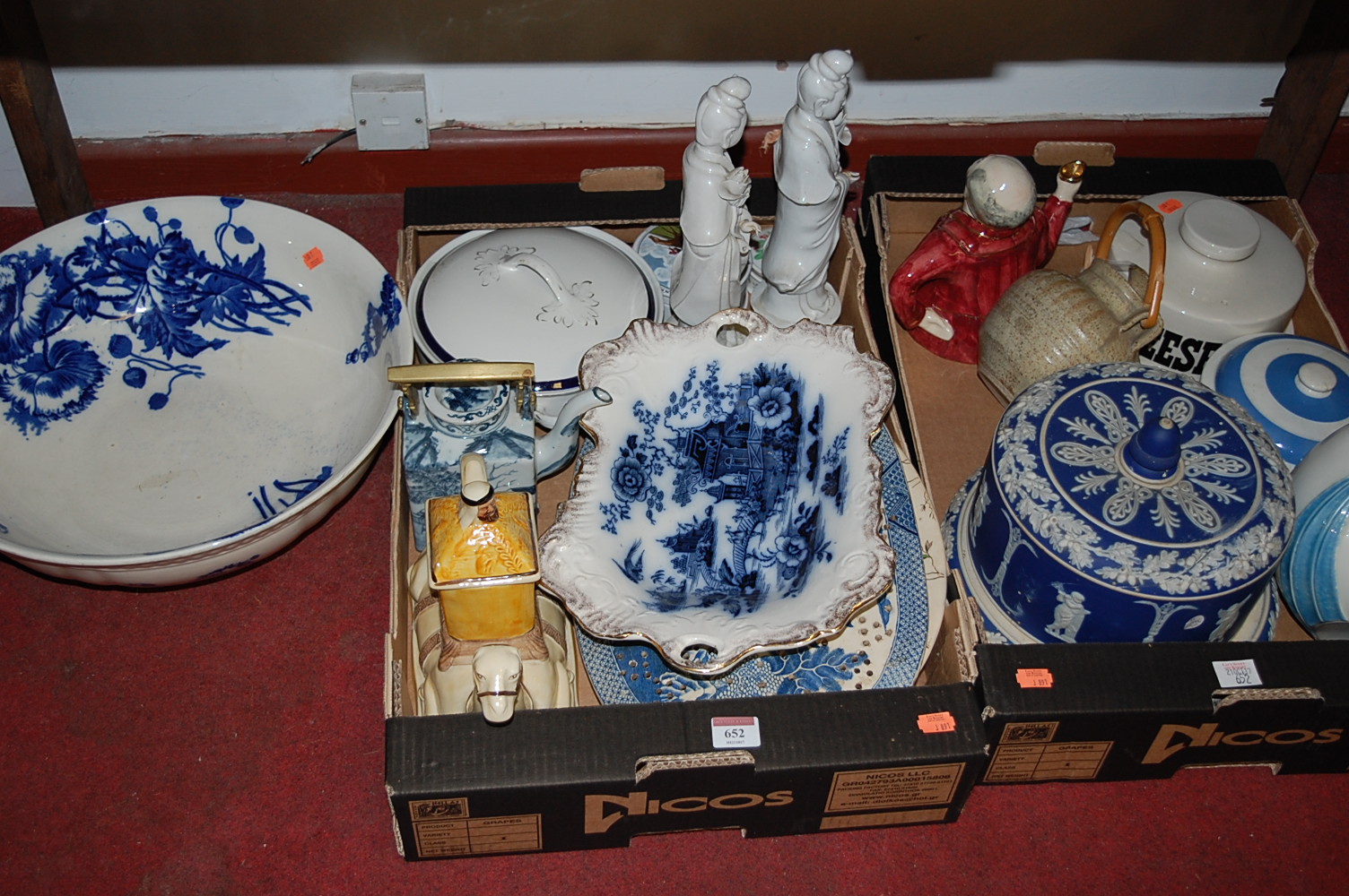 Two boxes of mixed effects to include; Wedgwood cake dish and cover,