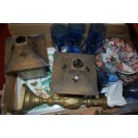 A box of miscellaneous items to include; pair of hammered ceiling light pendants,