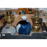 A box of mixed effects to include Art Nouveau brass oil lamp, two further brass oil lamps,
