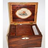 A 19th century mahogany and rosewood crossbanded work box flanked by brass swan neck handles,