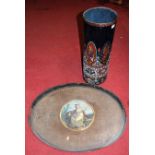 A large Victorian Toleware twin handled tray, the central panel depicting a seated maiden,