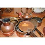 A small collection of 19th century and later copper wares to include range kettle and saucepans etc