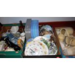 Three boxes of miscellaneous china to include Wedgwood jasper ware trinket dish,