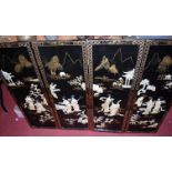 A set of four reproduction black lacquered shibyama panels 92x31cm