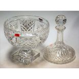 A large cut glass pedestal bowl together with a cut glass ships decanter and stopper (2)