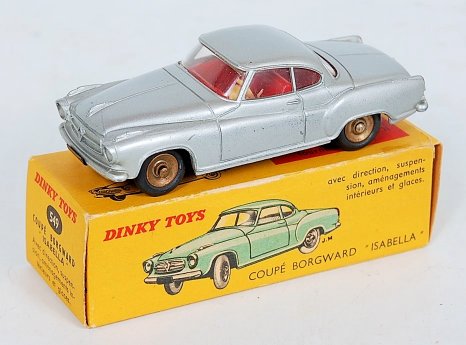 French Dinky Toys, 549 Borgward Isabella TS, silver body with red interior, spun hubs,