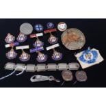 Mixed lot to include assorted enamel brass badges, silver plated bracelet,