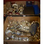 Two boxes of miscellaneous silver plated wares, to include; three-piece cruet, double-ended ladle,