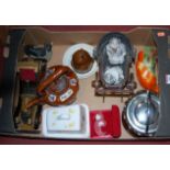 A box of miscellaneous items to include 1920s beech biscuit barrel and cover,