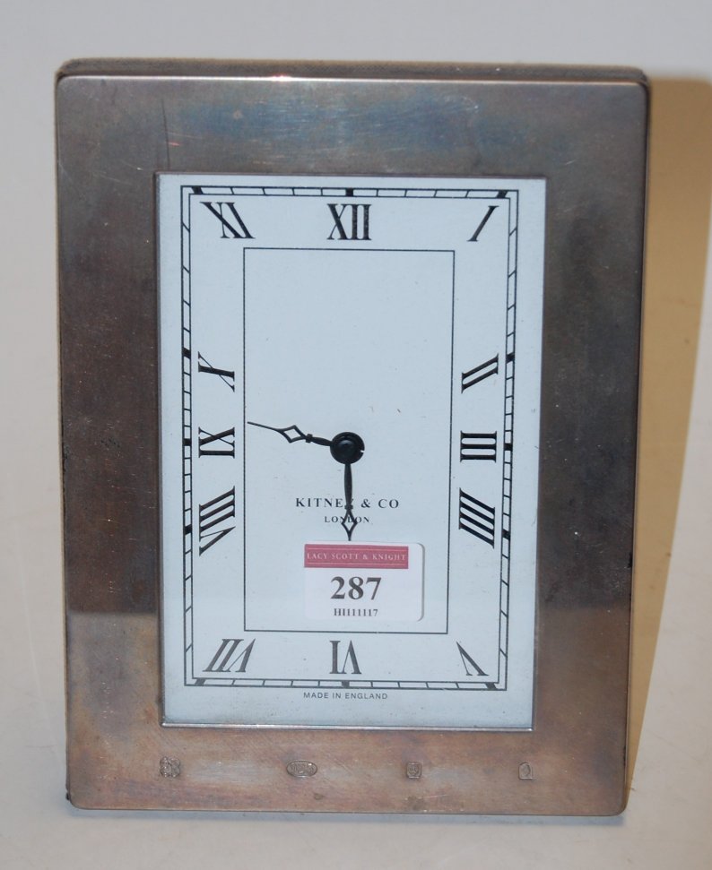 A modern silver mounted easel mantel clock, maker Kitney & Co of London, h.