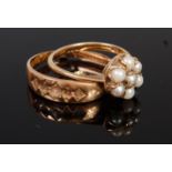 A 15ct gold seed pearl set band ring (some losses) together with a 9ct gold seed pearl cluster ring,