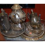 A collection of miscellaneous silver plated wares, to include; spirit kettle on stand, coffee pot,