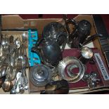 A box of miscellaneous silver plated wares, to include; three-piece tea service,