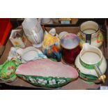 A box of miscellaneous china, to include; Maling lustre ware boat shape vase,