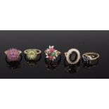 Five various 9ct gold precious and semi precious set dress rings all for QVC, gross weight 17.