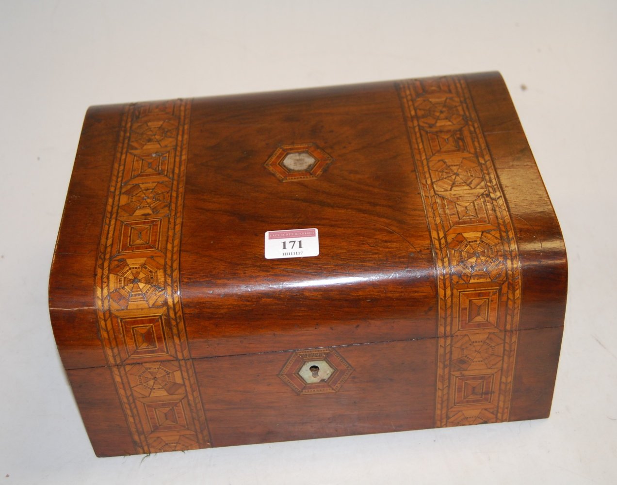 A Victorian walnut and Tunbridge decorated work box having a fitted interior