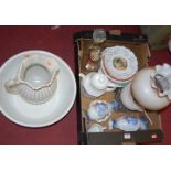 A collection of various items to include glass decanter and stopper, various ribbon plates,