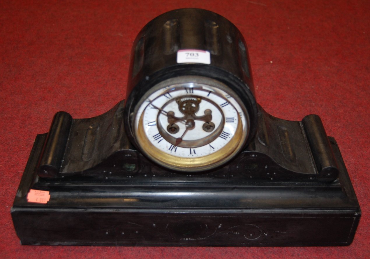 A circa 1900 black slate drum shaped mantel clock,