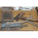 A collection of miscellaneous items; to include; Prima miners safety lamp, fire hose nozzle,