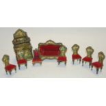 A collection of assorted dolls house furniture, to include; Regency style chaise-longue,