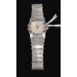 A ladies steel Omega constellation having signed silver dial, the bezel set with Roman numerals,