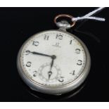 An Omega nickel cased gents open face pocket watch having a signed white enamel dial,