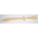 A Chinese Canton carved ivory paperknife in the form of a scimitar,