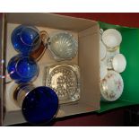 Two boxes of miscellaneous china and glassware to include pair of Bristol Blue style glass vases