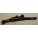 A replica 16th century style teak and bone inlaid wheellock pistol, with white metal inlays,