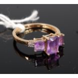 A modern 9ct gold amethyst and diamond point set dress ring, 2.