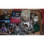 A box of miscellaneous items, to include; pewter tankards, pocket hip flasks, corkscrews,