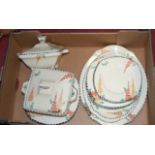 An Art Deco Burleighware part dinner service having a hand painted floral decoration,