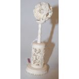A late 19th century Chinese Canton carved ivory puzzle ball on stand