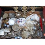 A box of miscellaneous items, to include; silver plated three sconce candelabra, various coasters,